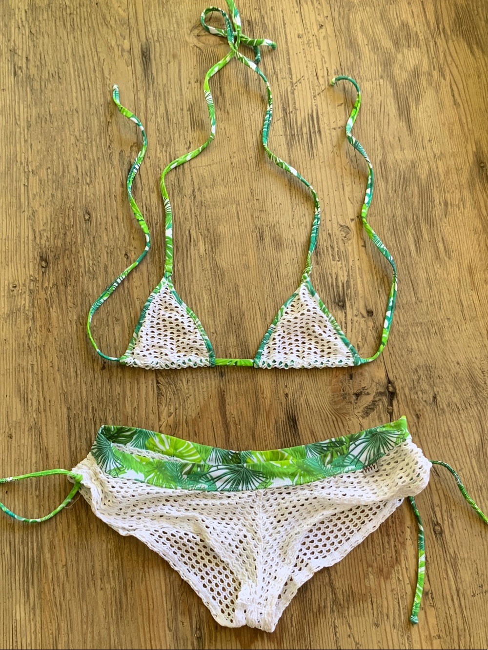 White Crochet Bikini with Green Tropical Trim - Women's Two-Piece Swim Set